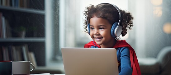 Young black girl with wireless headphones utilizing laptop at residence positioned by window engaged in activities involving computer empty area availa
