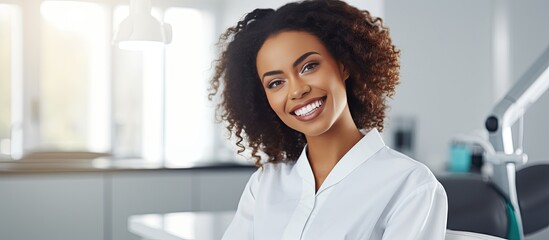 Black female dentist smiling at camera in clinic patient waiting empty area