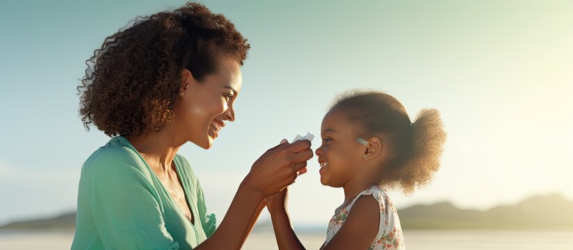 Mother Applying Sunscreen On Daughter S Nose At Beach Black Woman Applying Sun Lotion On Girl S Face African American Girl With Sunblock Cream