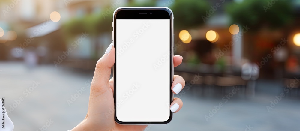 Poster Woman s hands holding smartphone in urban setting reading text message on the screen