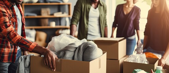Middle aged man organizing clothes in diverse charitable foundation