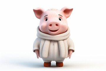 Anthropomorphic 3D pig character with scarf and warm winter clothing isolated on white background. Generative AI.