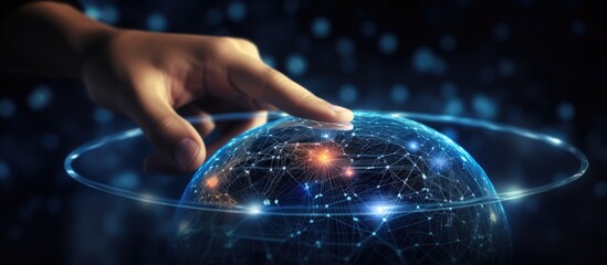 Background with hand touching circular diagram on virtual screen showing technology innovation network big data and internet
