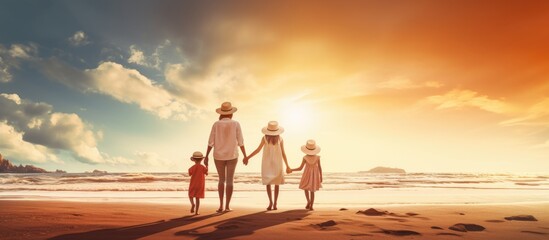 Fototapeta premium Asian family enjoying a joyful beach walk in front of a sea and cloud filled sky