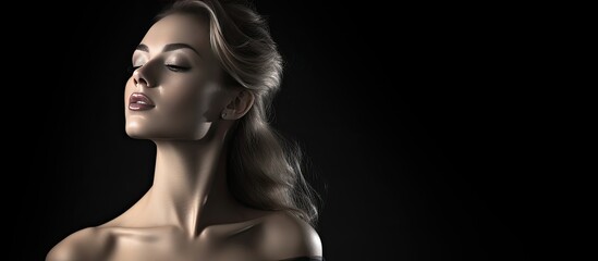 Young woman with glamorous makeup looking back over her bare shoulder black background with space for text in black and white