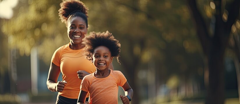 A fit African American mother and her daughter exercising in a park wearing sports attire promoting a healthy family concept with available area for te