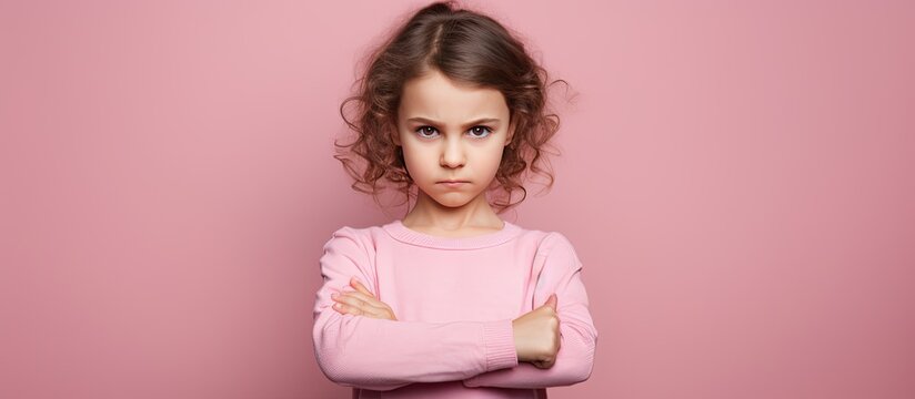 Little girl displaying non verbal refusal Pink background empty area for text Child expressing dissent denial