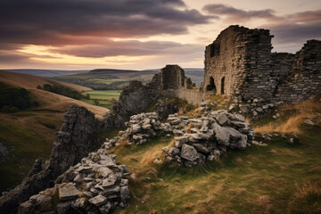 A ruined castle on a hilltop overlooking a valley. The castle is made of stone and is in a state of disrepair with crumbling walls and collapsed sections