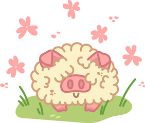 Fluffy pig. Kawaii character on green lawn. Fantasy animal with flowers. Illustration isolated on transparent background PNG.