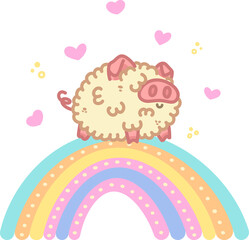 Fluffy pig standing on rainbow. Kawaii character. Fantasy animal with hearts. Illustration isolated on transparent background PNG.