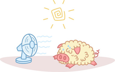 Fluffy pig suffering from heat. Kawaii character lying. Fan cools animal. Hot summer. Illustration isolated on transparent background PNG.