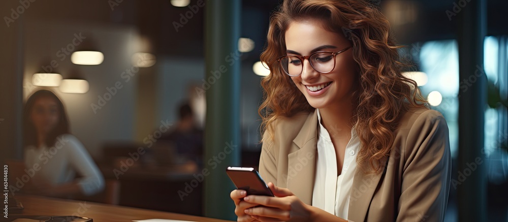 Poster Young businesswoman smiling using smartphone in office near computer with empty space