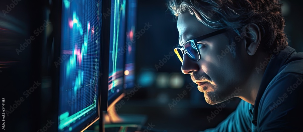 Poster focused trader wearing glasses looking at stock market charts on computer screen working late night 