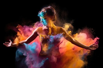 Beautiful woman in colorful dress dancing with colorful smoke on black background. Generated AI