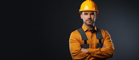 Young engineer posing with arms crossed in front of a background wearing a hard hat safety helmet and waistcoat