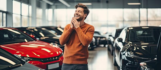 Ecstatic young man embracing new car imagining purchase at showroom Delighted millennial leaning on luxury vehicle at dealership - obrazy, fototapety, plakaty