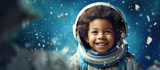 Happy little black boy with a homemade rocket playing astronaut with white handmade stars on a blue background Expressing childhood creativity and imag - obrazy, fototapety, plakaty