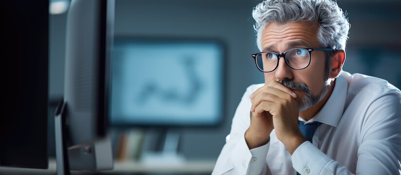 Concerned Man Looking At Computer Screen In Office With Serious Expression