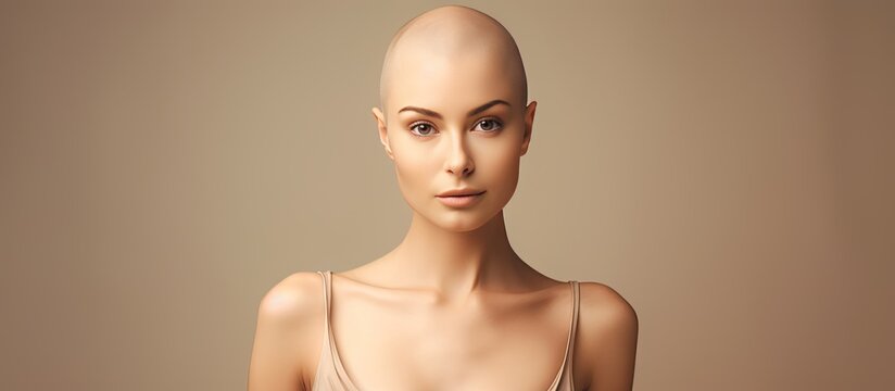 Confident bald woman posing waist up minimal background alopecia and cancer awareness