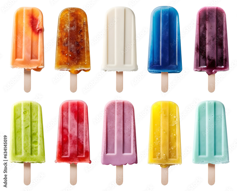Wall mural Ice popsicle lolly on transparent background cutout. PNG file. Many assorted different flavour. Mockup template for artwork design - Wall murals