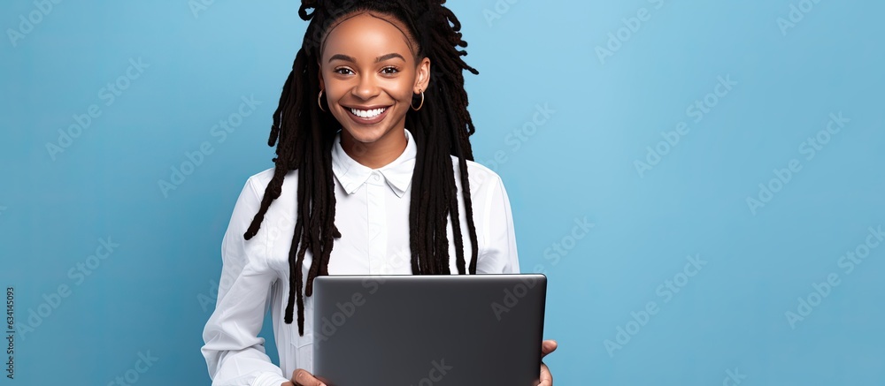 Poster black dreadlocks woman advertising new device satisfied holding empty laptop wearing white shirt stu