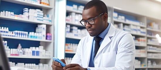 African American pharmacist at work in pharmacy checking medicine supplies - obrazy, fototapety, plakaty