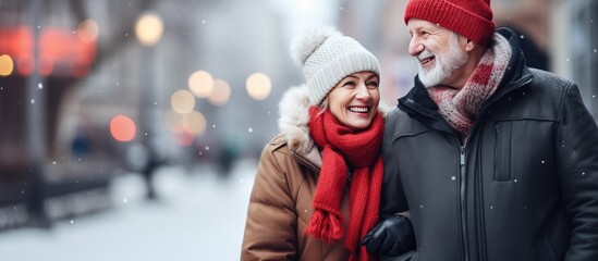Elderly couple happily walks outdoors in winter