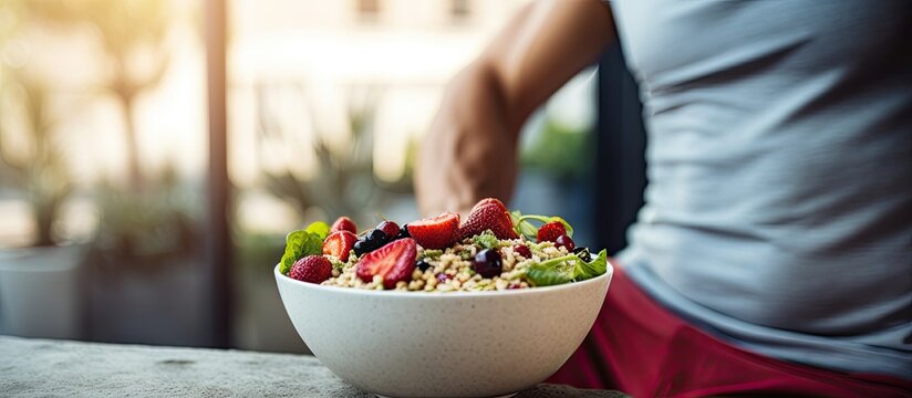 Fit Woman Enjoying Healthy Food After Fitness Exercise Happy Young Female Eating Natural Granola With Cranberries On Fitness Mat At Home