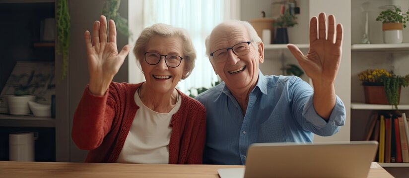 Elderly couple happily video conferencing on tablet