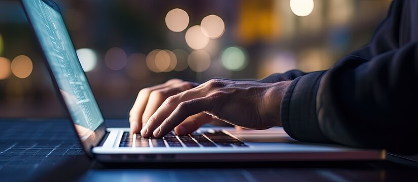 Young man using laptop at night with blurred bokeh background horizontal image size with space for text