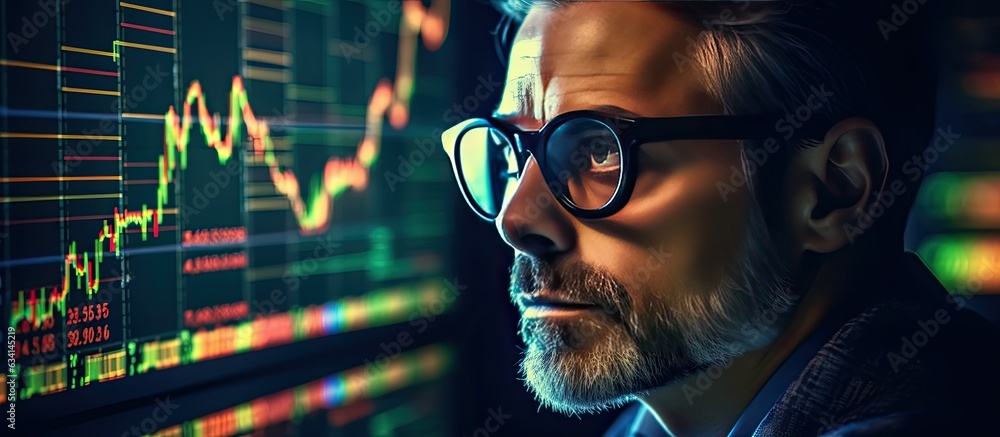 Aufkleber Trader with glasses analyzing stock market cryptocurrency chart reflected Copy space