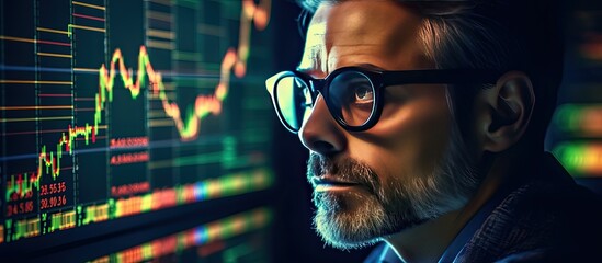 Trader with glasses analyzing stock market cryptocurrency chart reflected Copy space