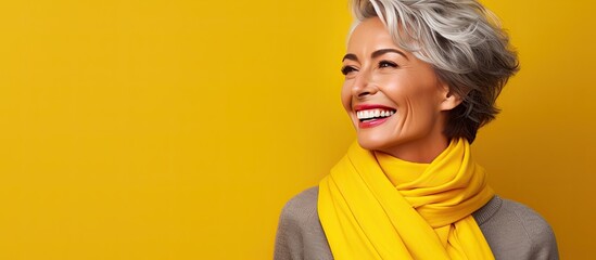 Smiling mature woman posing outdoors against yellow background copy space