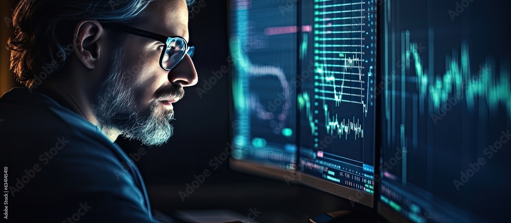 Poster focused trader wearing glasses looking at stock market charts on computer screen working late night 