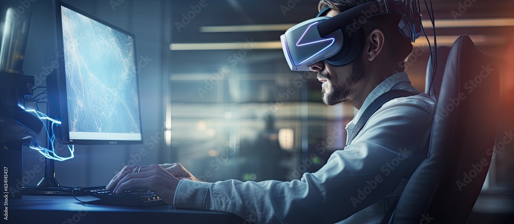 Poster Side view of IT developer using computer in office for working on VR games and software with available space to duplicate