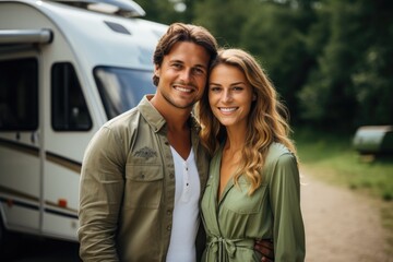 Happy smiling young man and girl standing in front of camper in forest. Beautiful couple hugging near campervan. Camping in nature.