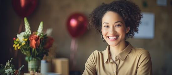 Smiling biracial female assistant celebrates Teaching Assistants Day