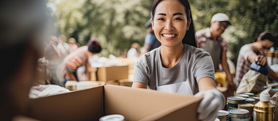 Asian woman volunteers at help event packs canned food in boxes smiles for portrait