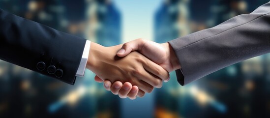 Partners shaking hands to signify business cooperation merger and acquisition joint venture
