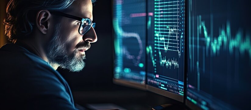 Focused trader wearing glasses looking at stock market charts on computer screen working late night Man analyzing cryptocurrency market Close up on eye
