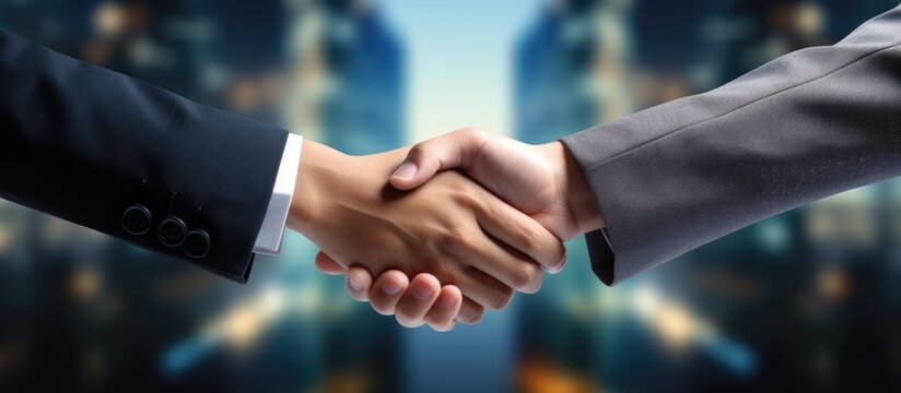 Partners shaking hands to signify business cooperation merger and acquisition joint venture