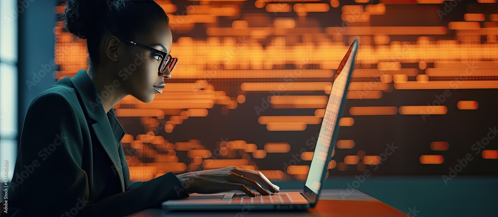 Poster Female IT developer typing on keyboard with programming code and laptop in office interior copy space available