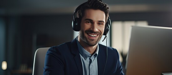 Young male call center operator smiling and using a laptop with a headset for video call posing for a portrait