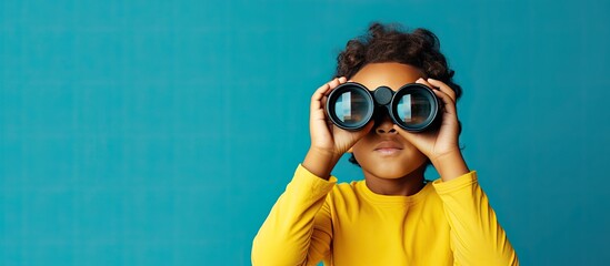 Boy in yellow shirt with binoculars looking on blue background Space for text - obrazy, fototapety, plakaty
