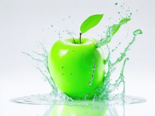 Green apple in splash of water isolated on white background. ai generative
