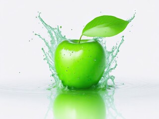 Green apple in splash of water isolated on white background. ai generative
