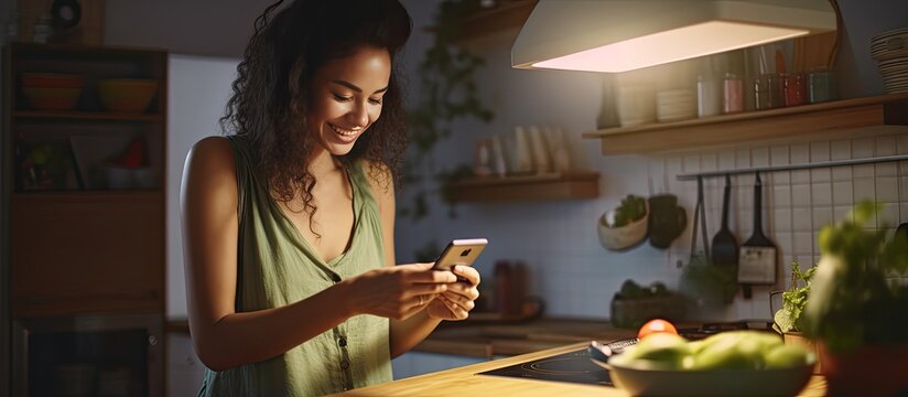 Happy young woman using phone while preparing meal at home casual female leaning on table browsing texts and smiling