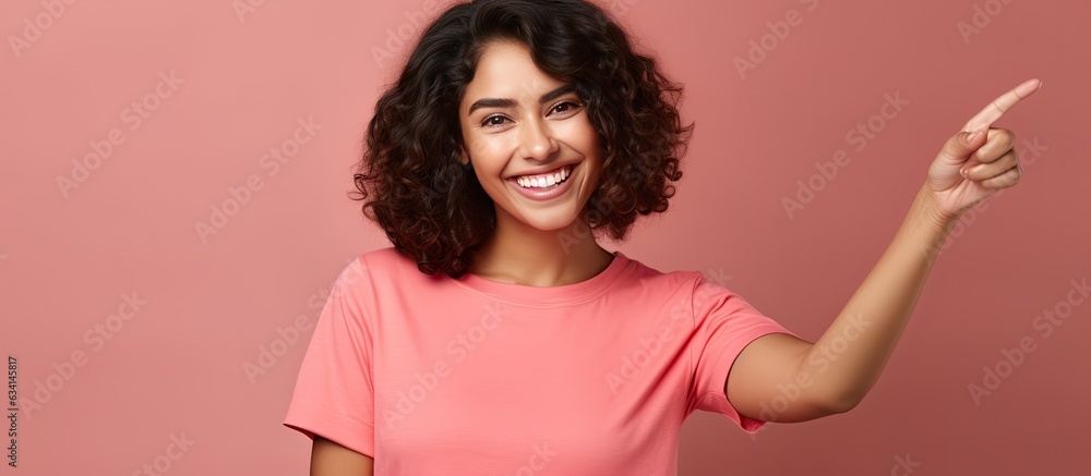 Poster Smiling cheerful Hispanic woman happily pointing to side and upwards displaying object in empty area