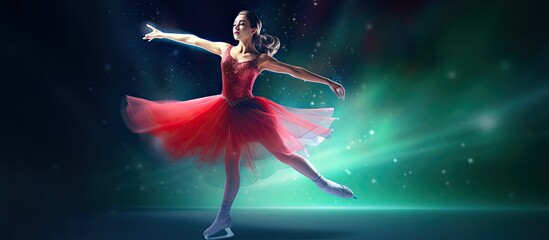 Junior female figure skater in red costume performs on neon green blue background representing sport beauty and winter sports