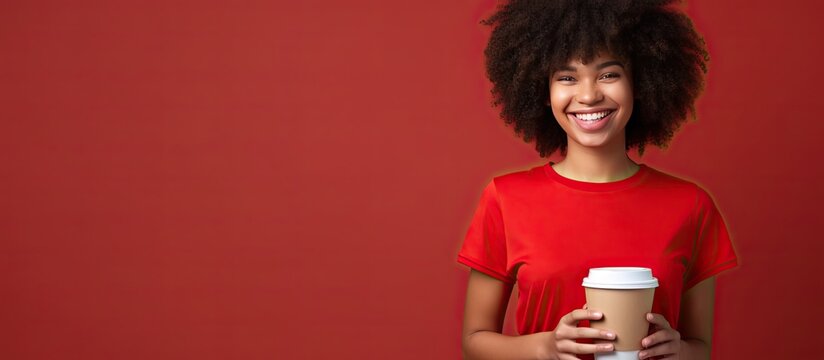 Smiling young African American woman holding a coffee to go isolated on a red background - Powered by Adobe